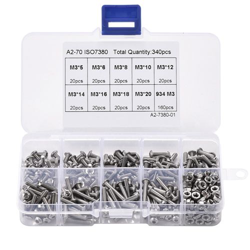 340pcs M3*5-20mm stainless steel 304 hex screw and nut assortment kit