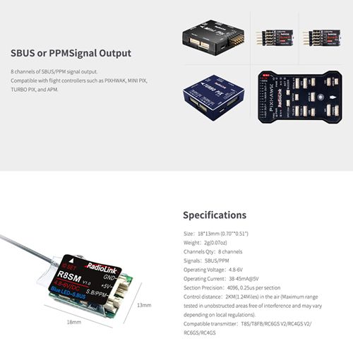 Radiolink R8FM 2.4GHz 8CH Receiver Super Mini Support SBUS/PPM for T8FB/T8S/RC6GS/RC4GS Transmitter Support S-BUS PPM