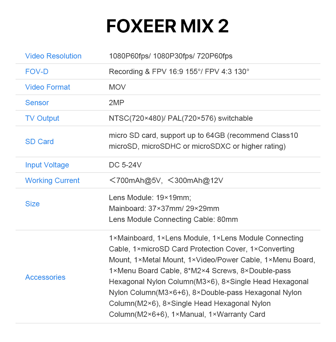 Foxeer Mix 2 1080P 60fps DVR HD Recording Mini FPV Camera Low Latency FOV 155 Degree